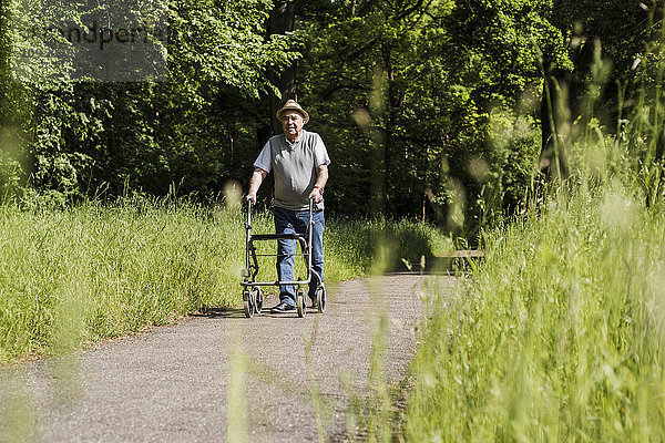 Seniorenwanderer mit Radwanderer in der Natur