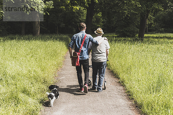 Rückansicht des Großvaters beim Spaziergang mit Enkel und Hund in der Natur