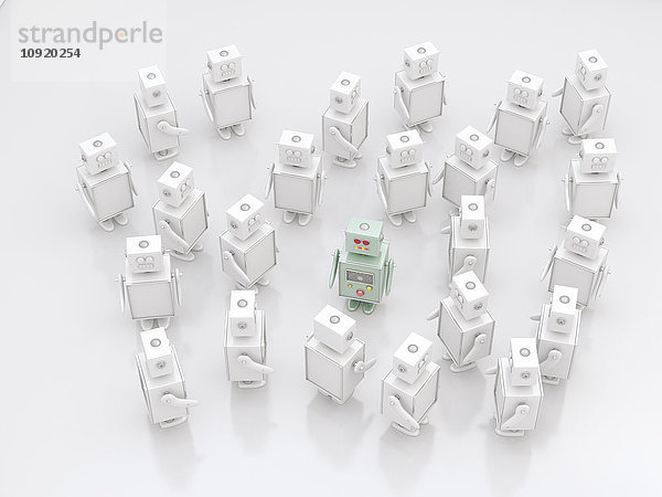 Gruppe von weißen Robotern mit einem farbigen dazwischen  3D Rendering