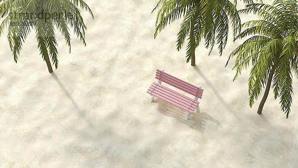 Rosa Bank am Strand unter Palmen  3D-Rendering
