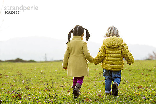 Vietnamesisches Mädchen und kaukasischer Junge spielen im Herbst im Freien