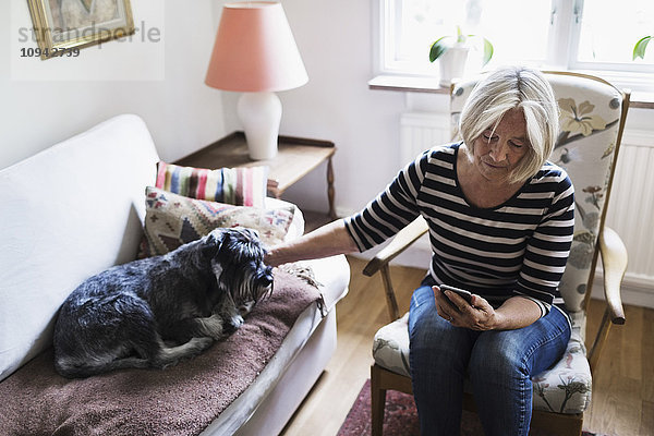 Senior Frau mit Smartphone beim Streicheln Hund entspannen auf dem Sofa zu Hause