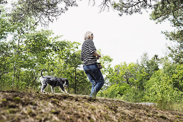 Flachwinkelansicht einer älteren Frau und eines Hundes  die auf dem Feld spazieren gehen.