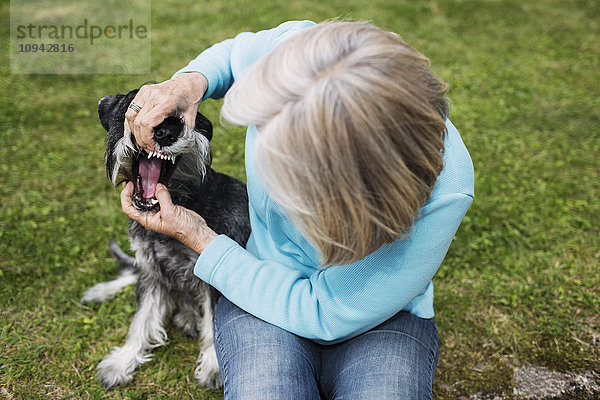 Ältere Frau  die den Mund des Hundes untersucht  während sie auf dem Hof sitzt.