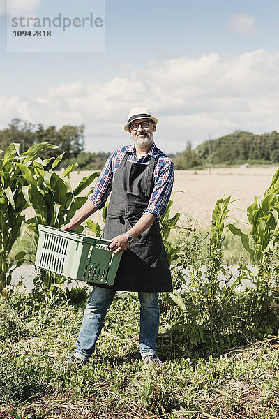 Porträt eines lächelnden  reifen Gärtners  der eine Kiste hält und auf dem Bauernhof steht.