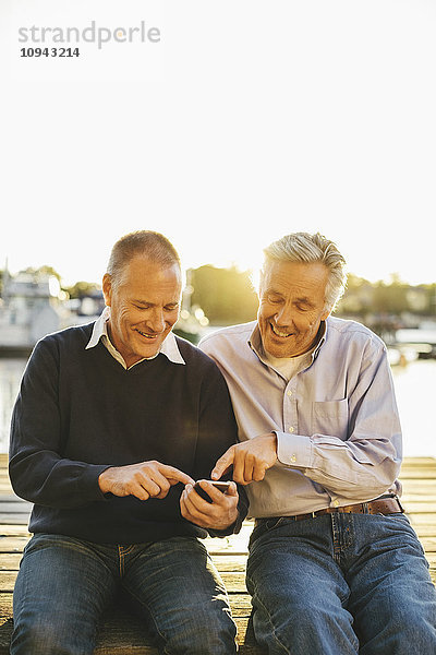 Glückliche ältere männliche Freunde mit dem Handy am Pier