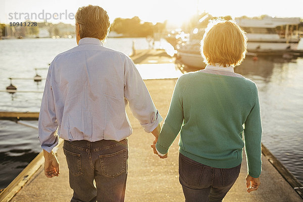 Rückansicht eines älteren Paares  das beim Gehen auf dem Pier Händchen hält