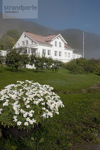 Ansicht eines Ferienhauses mit Blumen im Vordergrund