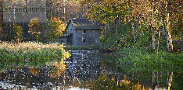 Alte Hütte spiegelt sich im Teich