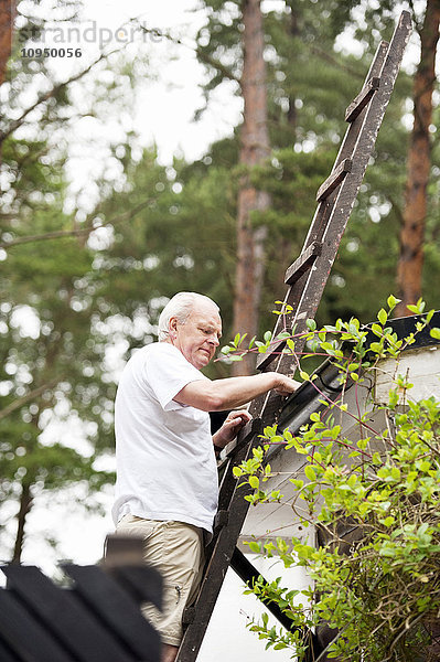 Älterer Mann auf Leiter beim Reinigen eines Abflussrohrs
