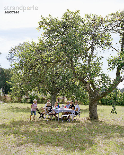 Mehrgenerationenfamilie beim Abendessen im Garten  Schweden.