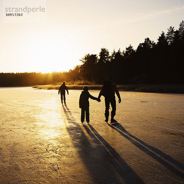 Vater mit zwei Kindern beim Schlittschuhlaufen auf einem See  Schweden.