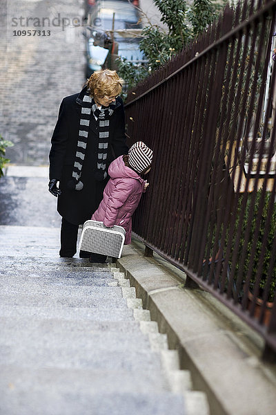 Eine Großmutter mit einem kleinen Kind auf einer Treppe  Paris  Frankreich.