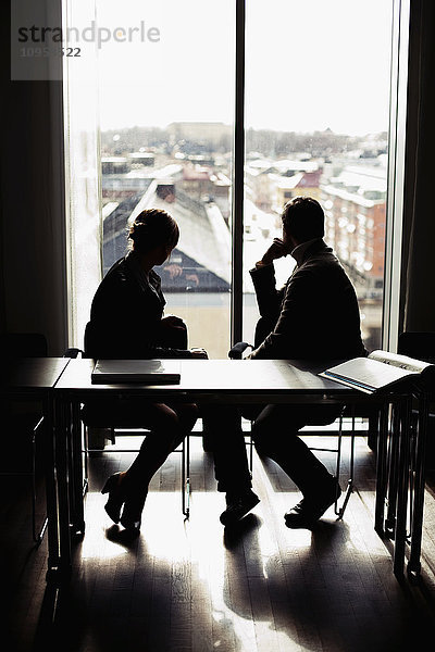 Zwei Personen in einem Büro  die aus dem Fenster schauen  Schweden.