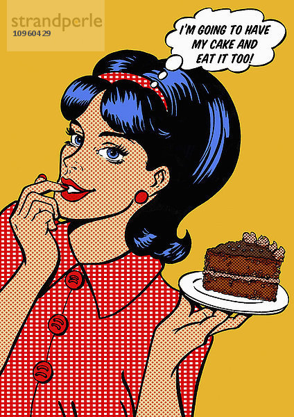 Zufriedene junge Frau hält ein Stück Schokoladenkuchen und denkt nach