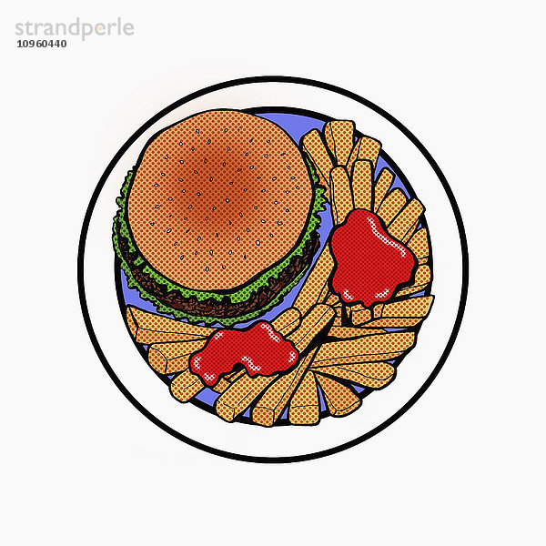Draufsicht eines Hamburgers mit Pommes frites