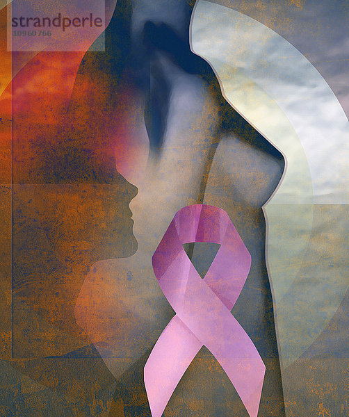 Brustkrebs-Kampagnen-Schleife und Silhouette eines weiblichen Körpers