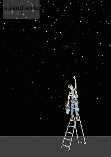 Mann auf einer Leiter sammelt Sterne im Eimer
