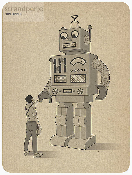 Mann schüttelt einem großen Roboter die Hand