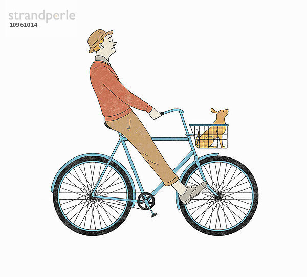 Unbeschwerter Mann fährt Fahrrad mit einem Hund im Fahrradkorb