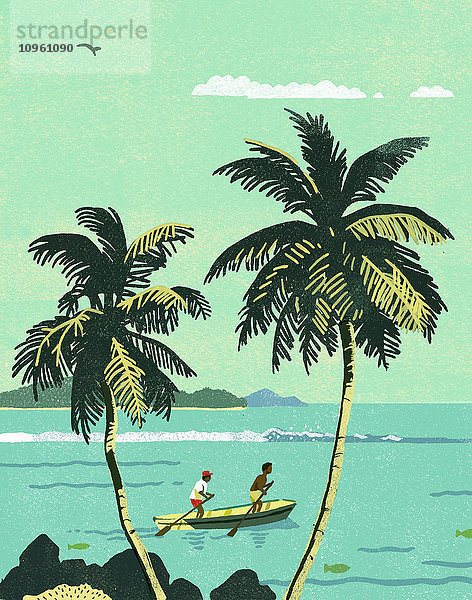 Zwei Männer stehen in einem Ruderboot auf einem tropischen Meer