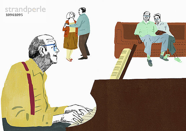 Ältere Menschen spielen Klavier  hören Musik und tanzen