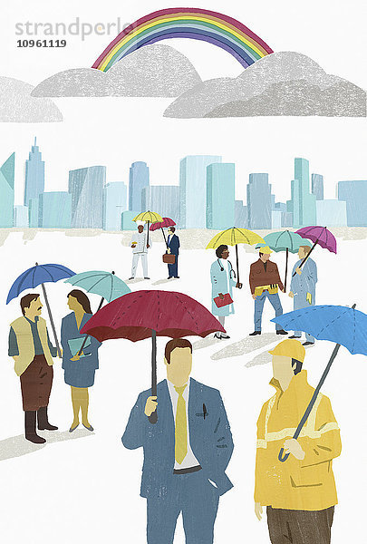 Menschen mit verschiedenen Berufen unter Regenschirmen