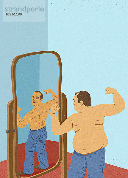 Übergewichtiger Mann schaut in den Spiegel und stellt sich als muskulösen Mann vor