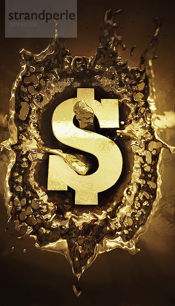 Goldenes Dollarzeichen spritzt in geschmolzenes Metall