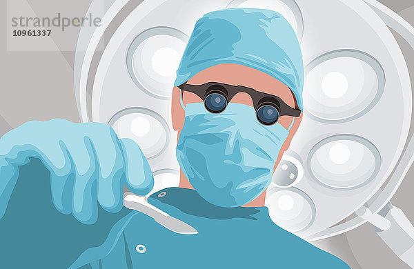 Froschperspektive eines Chirurgen mit binokularer Lupe und Skalpell