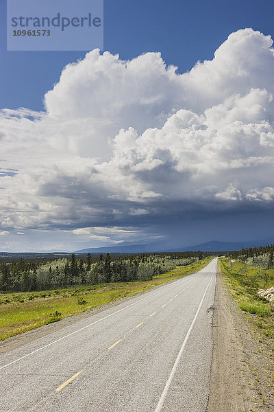 Blick auf den Alaska Highway bei Whitehorse mit Regenwolken in der Ferne  Yukon Territory  Kanada  Sommer