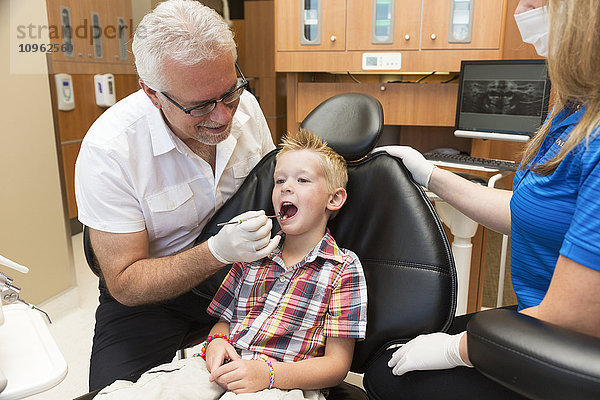 Ein kleiner Junge bei einer zahnärztlichen Untersuchung; Edmonton  Alberta  Kanada