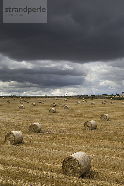 Dunkle Gewitterwolken über einem Feld mit Heuballen; South Shields  England'.