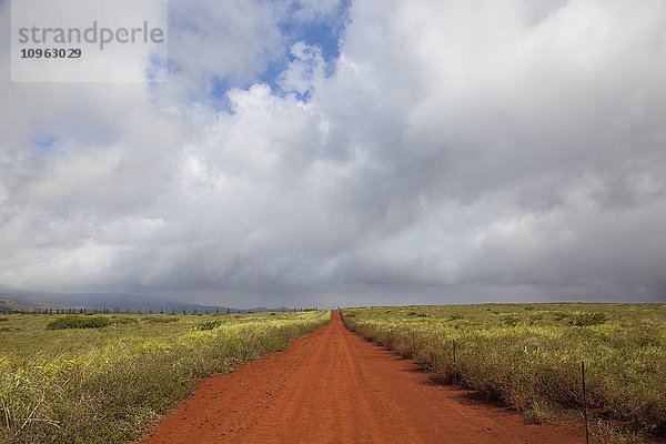 Ein weiter Blick auf eine leuchtend orangefarbene Schotterstraße; Lanai  Hawaii  Vereinigte Staaten von Amerika'.