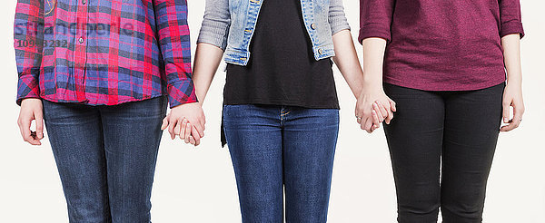 Drei junge Frauen  die sich an den Händen halten und zur Teamarbeit verpflichtet sind; Alberta  Kanada'.
