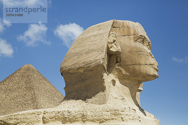 Sphinx (Vordergrund)  Große Cheops-Pyramide (Hintergrund)  Die Gizeh-Pyramiden; Gizeh  Ägypten'.