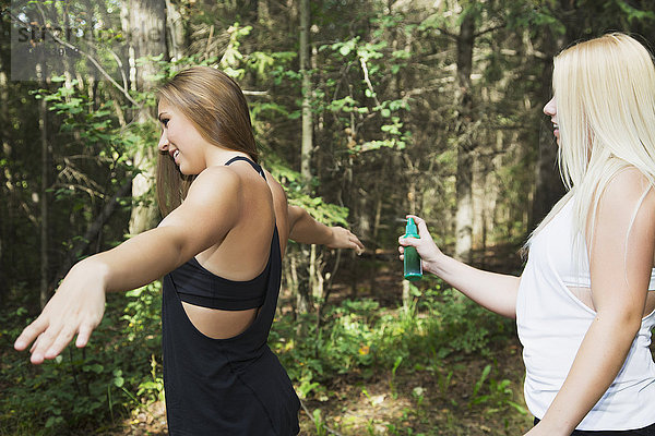 Ein Mädchen im Teenageralter trägt Insektenschutzmittel auf die andere Freundin in einem Park auf; Edmonton  Alberta  Kanada'.