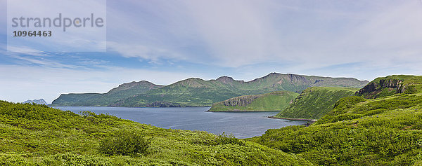 Aussicht auf die grünen Klippen entlang der Küste von Popof Island in der Nähe von Sand Point  Südwest-Alaska  USA  Sommer'.
