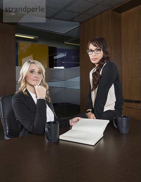 Porträt zweier berufstätiger Geschäftsfrauen bei einem zwanglosen Treffen in einem Sitzungssaal; St. Albert  Alberta  Kanada'.