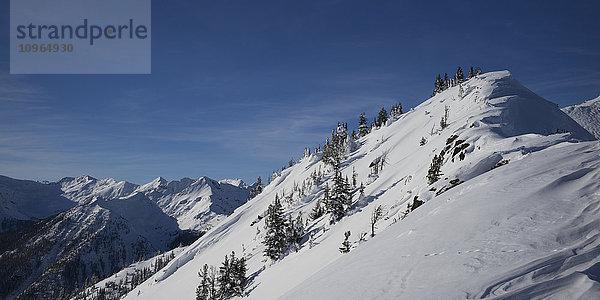 Verschneiter Berghang mit blauem Himmel und Blick auf eine Bergkette; Kicking Horse  British Columbia  Kanada'.