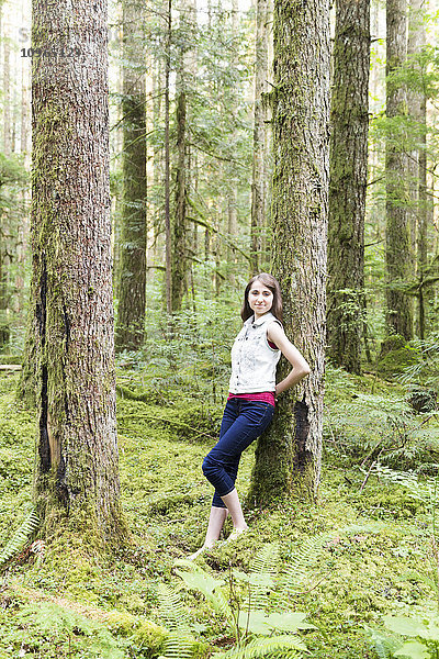 Porträt eines Mädchens im Teenageralter  das sich an einen Baum im Wald lehnt; Chilliwack  British Columbia  Kanada'.