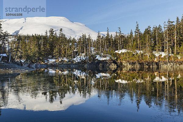 Immergrüne Bäume und schneebedeckte Berge spiegeln sich in den ruhigen Gewässern des Prince William Sound im Winter; Whittier  Alaska  Vereinigte Staaten von Amerika'.