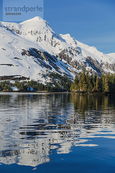 Schneebedeckte Klippen und immergrüne Bäume im Licht des Sonnenuntergangs am Ufer der Kings Bay  Prince William Sound; Whittier  Alaska  Vereinigte Staaten von Amerika'.