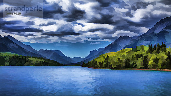 Gemälde von einem See und Bergen im Waterton Lakes National Park; Alberta  Kanada'.