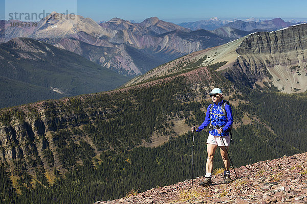 Wanderin mit Stöcken auf einem Bergkamm mit Bergketten und blauem Himmel im Hintergrund; Waterton  Alberta  Kanada'.