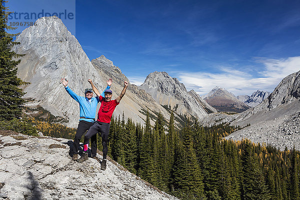 Zwei männliche Wanderer mit erhobenen Armen auf einem Felsgrat mit Blick auf ein Alpental mit bunten Lärchen im Herbst und felsigen Gipfeln mit blauem Himmel und Wolken  Kananaskis Provincial Park; Alberta  Kanada'.