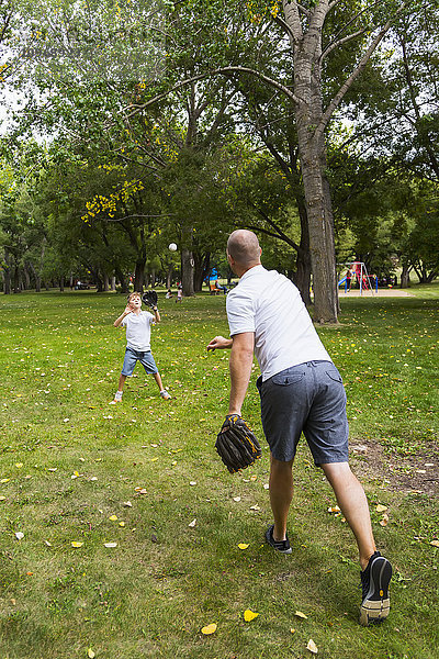 Vater und Sohn spielen Baseball in einem Park; Edmonton  Alberta  Kanada'.