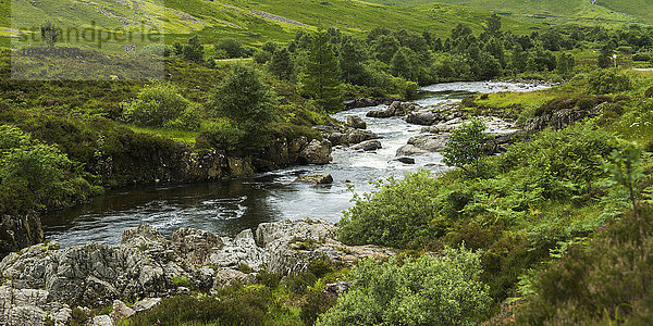 Ein Fluss fließt durch eine üppige  grüne Landschaft mit Bäumen und Gras; Schottland .