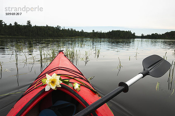Ein rotes Kajak und ein Paddel mit frischen Blumen am Bug  die auf einem See schwimmen; Ontario  Kanada