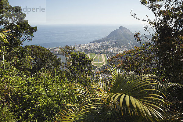Blick auf Jockey Club und Leblon von der Christ-Erlöser-Statue  Berg Corcovado  Tijaca-Nationalpark; Rio de Janeiro  Brasilien'.
